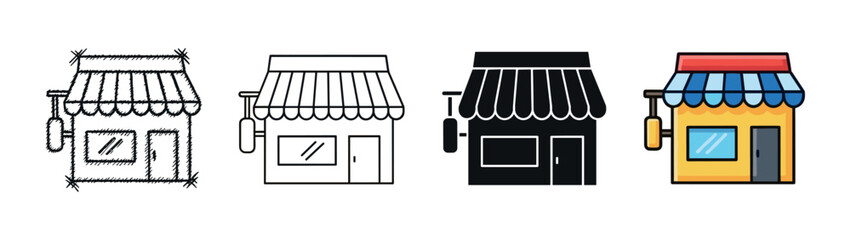 Four storefront vector icons presented in a collection of styles, including a hand-drawn sketch, simple outline, solid black glyph, and a full-color cartoon illustration