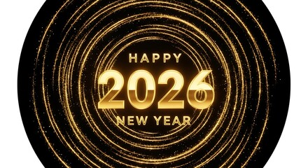 Happy 2026 new year greeting with golden glowing spiral light effect