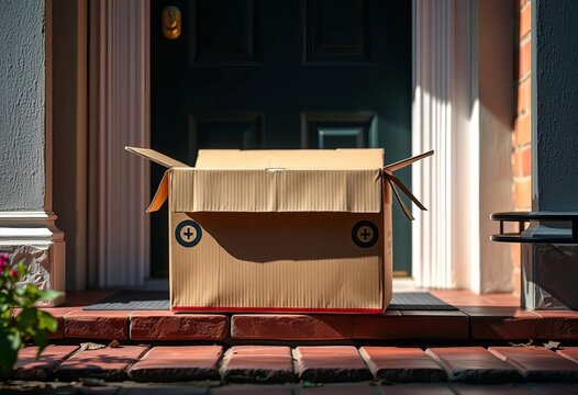 A cardboard box sits on a doorstep, ready for delivery,  freight,   destination