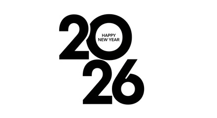 Minimalist black and white graphic design for happy new year 2026