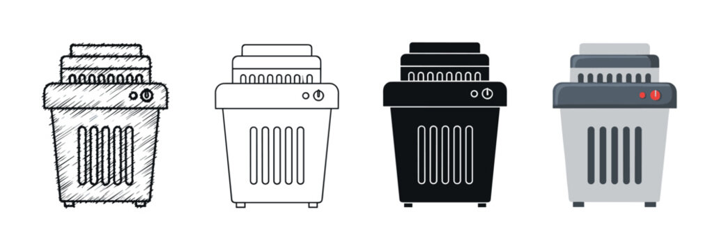 Paper shredder office machine icon set in four different styles including sketch, outline, glyph, and flat color vector illustration for business and security concepts