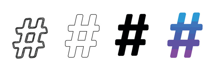 Obraz premium Hashtag symbol icon set in four different styles including hand-drawn sketch, line art, solid black silhouette, and a colorful gradient design