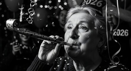 Excited senior woman celebrating New Year's Eve 2026 with noisemaker and festive party hat in black and white for timeless memories