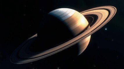 A detailed view of Saturn, showcasing its iconic rings and atmospheric bands. The planet appears in a dark space background, highlighting its unique features. - Powered by Adobe