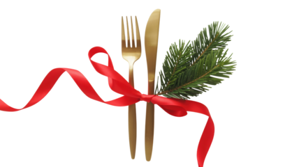Elegant golden fork and knife tied with a vibrant red ribbon and a sprig of evergreen fir isolated on transparent background