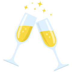Two vector champagne glasses. Hand drawn vector celebration design. Vector illustration in color for the new year party, birthday, Valentine’s Day