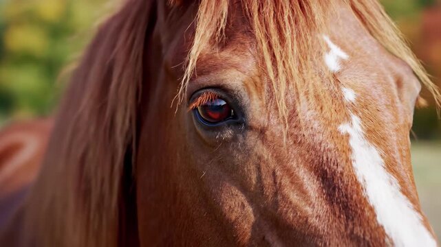 Close up video of a beautiful horse's face with striking eyes and brown and white fur