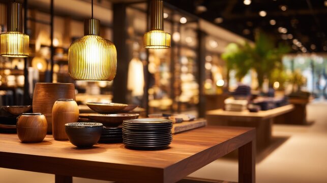 Elegant display of handcrafted pottery and tableware in a stylish, modern retail store interior