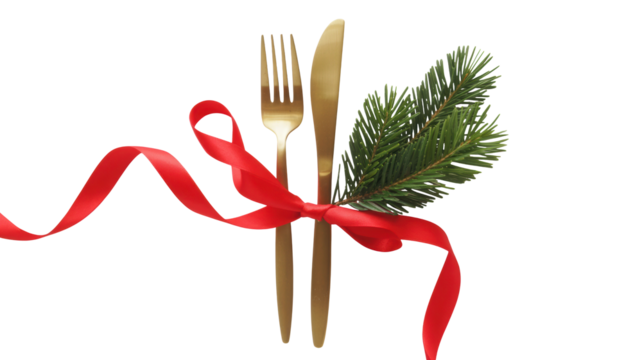 Elegant golden fork and knife tied with a vibrant red ribbon and a sprig of evergreen fir isolated on transparent background