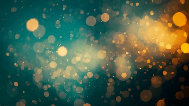 Soft glowing golden particles floating across a teal surface creating a dreamy abstract scene with gentle light, depth, and shimmering motion