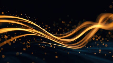 Abstract flowing golden lines with glowing particles on a dark background, creating a dynamic visual effect