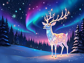 Reindeer with Christmas lights under the northern lights.