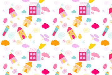 Cute seamless pattern with colorful cartoon houses, clouds, and leaves on a white background. Perfect for kids, nursery, or playful design projects.