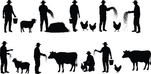Silhouette of farmer feeding cows, sheep, and chickens, rural agriculture, livestock care, farm animals feeding, countryside farming, agriculture lifestyle.