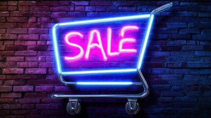 Neon sale sign in a shopping cart against a textured brick wall, vibrant colors attracting attention