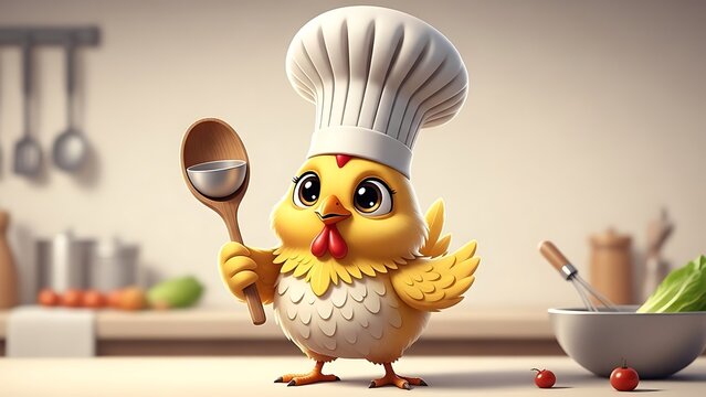 Adorable cartoon chicken chef cooking up fun in a bright kitchen, holding a wooden spoon and ready for a culinary adventure that's sure to delight! - Powered by Adobe