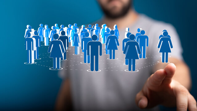 Abstract concept of digital network. Person pointing towards connected people. Community and teamwork. Social connections and digital world.  Hu - Powered by Adobe