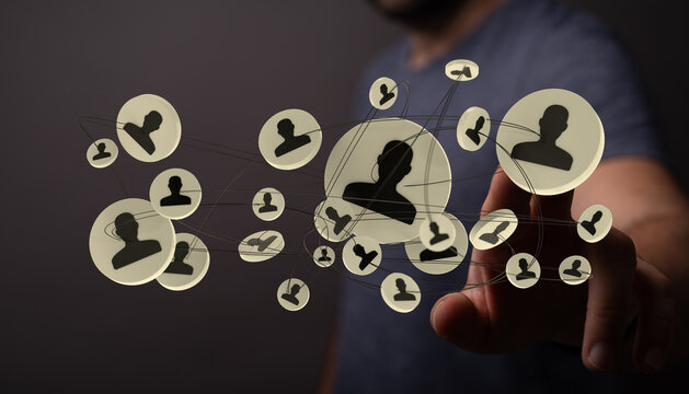 A hand touches a network of user icons, symbolizing digital connection and online social relationships.