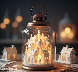 Christmas village diorama in a glowing glass lantern