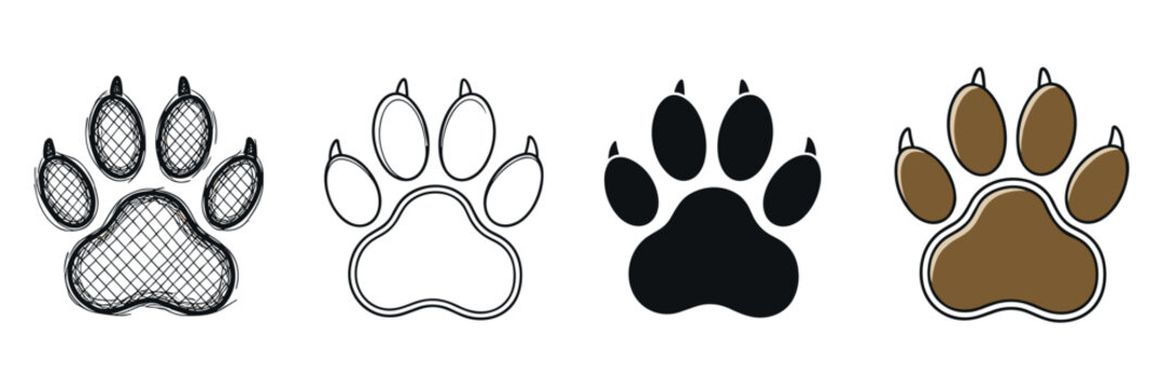 Set of four animal paw print icons in various artistic styles, including a hand-drawn sketch, a simple outline, a solid black silhouette, and a brown colored version