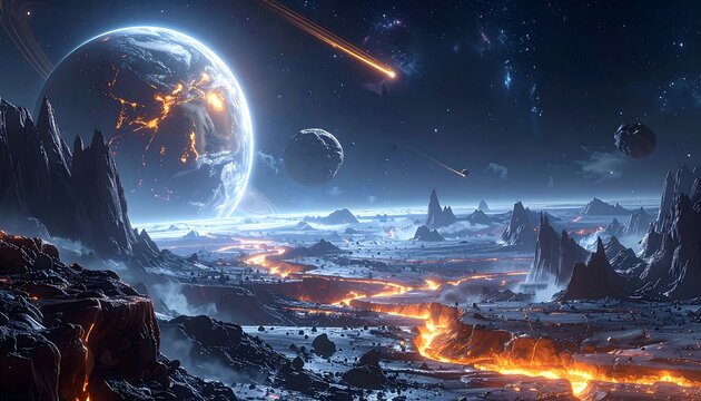 A breathtaking cosmic vista presents a fiery landscape under a starry sky. Planets, moons, and meteors are visible in this scene of space