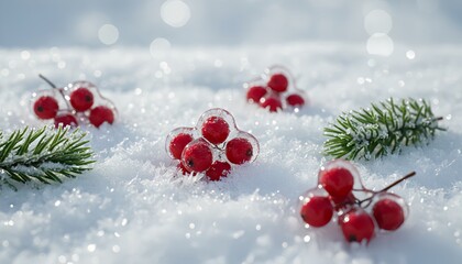 Red berries and pine branches on snow background in winter