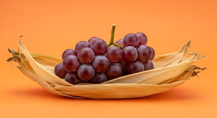 Bunch of red grapes resting in a corn husk on a vibrant orange background creating a still life image