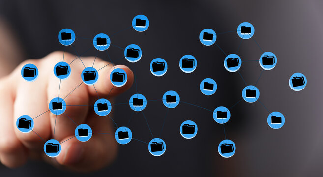 Abstract concept of digital connectivity. Person interacting with the data network, indicating file sharing and