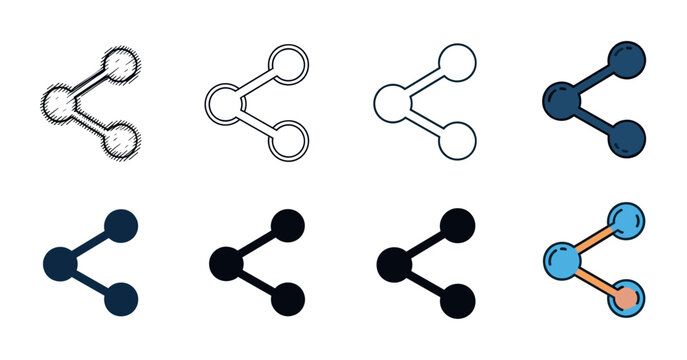 Collection of share button vector icons presented in multiple design styles like outline, solid glyph, hand-drawn sketch, and colorful cartoon for web and app interfaces