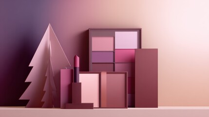 A minimalistic display of beauty products including lipstick and a makeup palette against a soft gradient backdrop