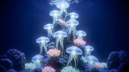 Glowing jellyfish and corals: New Year's concept.