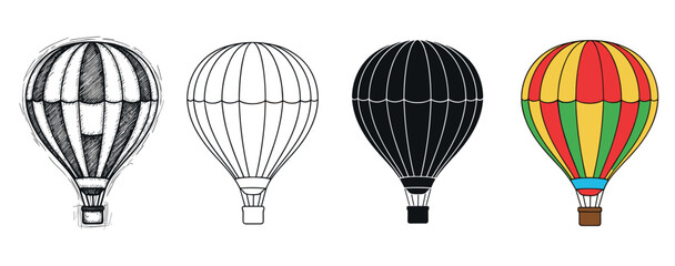 Four hot air balloon vector illustrations presented in a collection of styles, featuring a hand-drawn sketch, a clean outline, a bold silhouette, and a colorful flat design