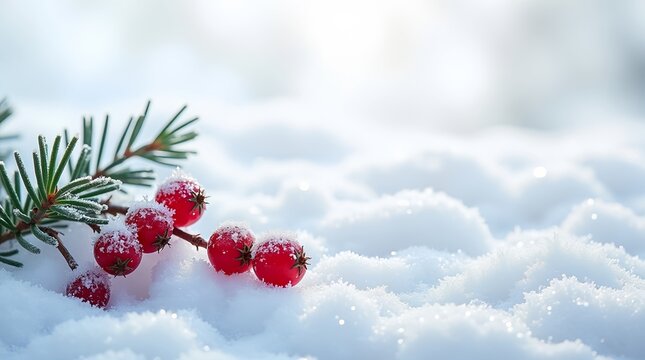 Evergreen branch with red berries on fresh snow in winter  