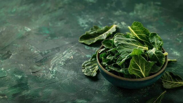 Fresh, vibrant collard greens in bowl, on textured green background