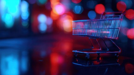 A vibrant, illuminated shopping cart stands alone on a wet street, reflecting colorful city lights at night