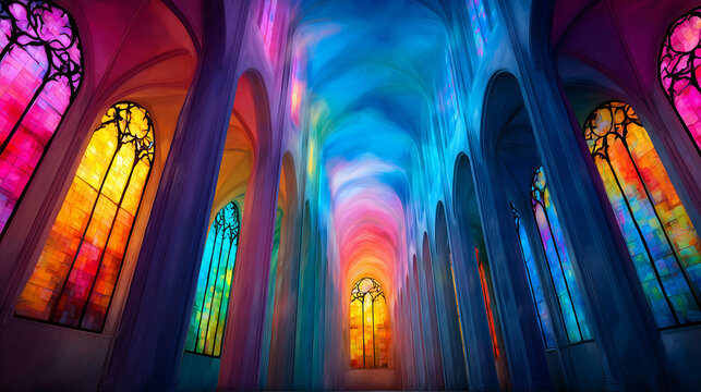 Abstract Interior of a Gothic Cathedral with Kaleidoscopic Stained-Glass Reflections


