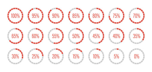 Red progress bars. Template of red and gray color fill pie charts indicator. Round percentage infographic. Round graph loading progress set. Diagrams icons for infographics from 0 to 100 percent.