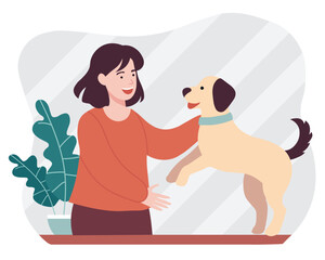 Woman and dog interaction. Young woman smiles and playing with her dog.  vector illustration in flat style.