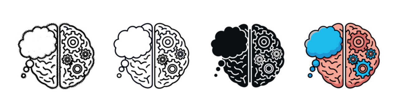 Four brain icon variations illustrating the concept of left and right brain hemispheres with creative thought clouds and logical mechanical gears in different graphic styles