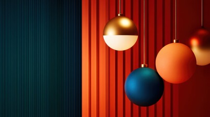 Colorful pendant lights hang against a striped wall, creating a modern and vibrant atmosphere