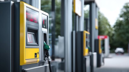 Close up of a modern yellow and grey gas pump with digital display and nozzle outside view