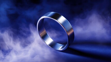 A sleek silver ring elegantly displayed against a dramatic blue smoky background, perfect for jewelry promotion