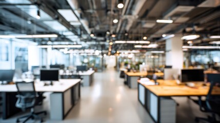 Blurred contemporary office interior with desks computers chairs and ceiling lights