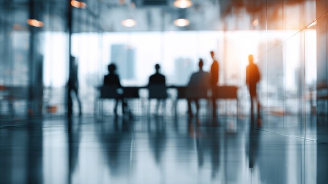 Silhouettes of people in a modern office conference room with large windows and city view