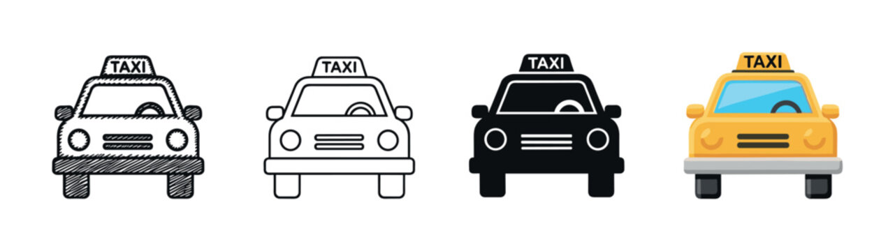 Set of four taxi car icons in various design styles including hand-drawn sketch, line art, solid silhouette, and yellow flat color vector for transportation concepts