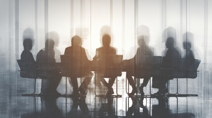 Silhouettes of business professionals in a meeting room at a table with laptops