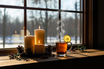 A serene winter composition featuring three lit candles of varying heights and a glass cup of tea placed on a wooden windowsill. Outside the window is a snow-covered forest landscape.