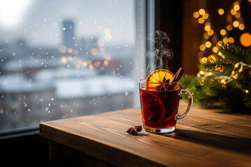 Glass cup of hot tea or mulled wine with lemon slice on a wooden table near a window with a snowy city view and garland lights. Christmas tree. Xmas Eve. Happy New Year. Winter festive mood. Holidays.