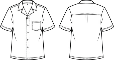 CAD drawing flat vector illustration, technical shirt sketch, button-up shirt design, fashion blueprint, garment construction, apparel template, sewing guide