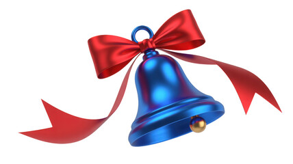 Shiny metallic blue christmas bell adorned with a vibrant red satin bow and flowing ribbon isolated on transparent background